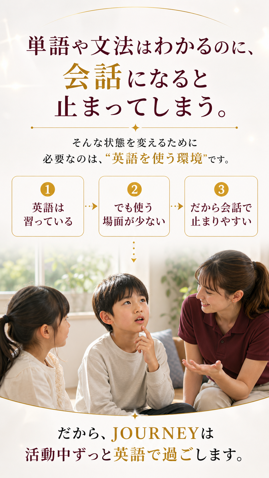単語や文法はわかるのに会話になると止まってしまう。必要なのは英語を使う環境です。